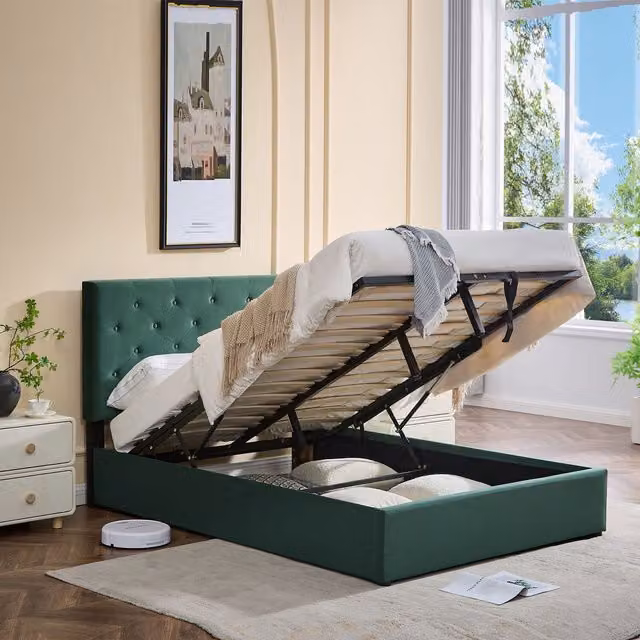 Furniture One Green Velvet Lift Up Storage Platform Bed with Adjustable Tufted Headboard