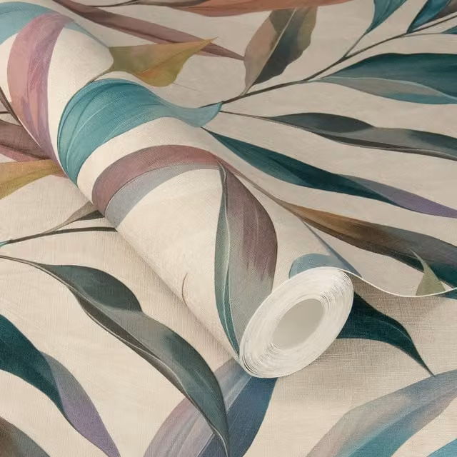 Rasch Fiesta Watercolour Leaves Self Adhesive Peel and Stick Textured Wallpaper in Turquoise, Blue, Beige and Multicolour Botanical Floral Scandinavian Matt Finish