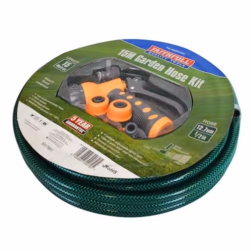 Faithfull Green Reinforced PVC Garden Hose Kit with 3 Fittings and Multipattern Spray Gun, 15m – 1