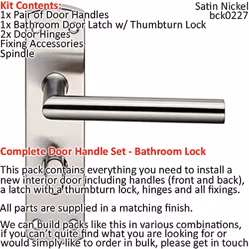Loops Door Handle and Bathroom Lock Pack in Satin Nickel with Mitred Round Bar Backplate – 2