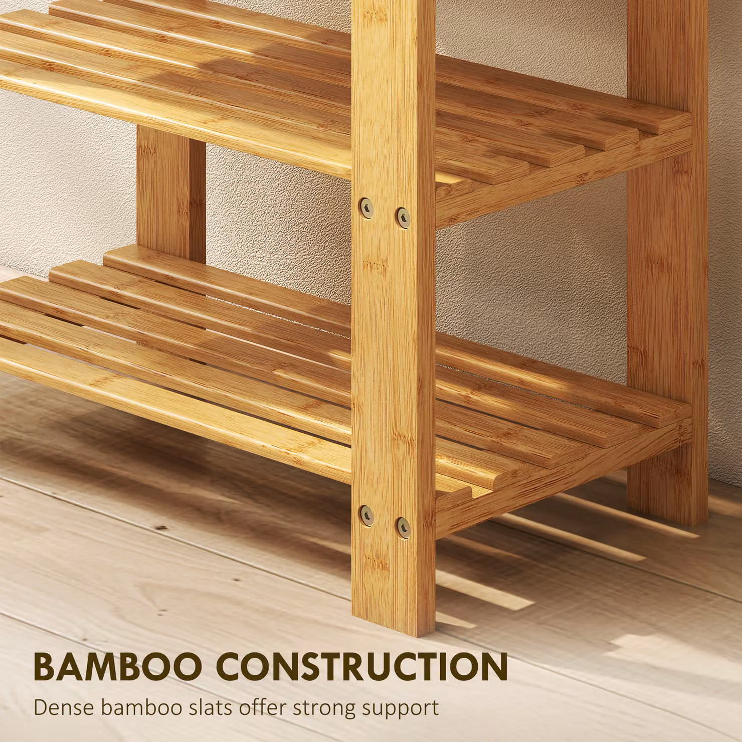 HOMCOM 3-Tier Bamboo Shoe Storage Bench in Brown Wood Finish – 4