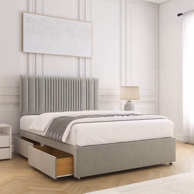 BSSPOKE Florence Velvet Divan Bed with 24 inch Headboard and 2 Drawers in Silver, W/D/H: 120 x 200 cm