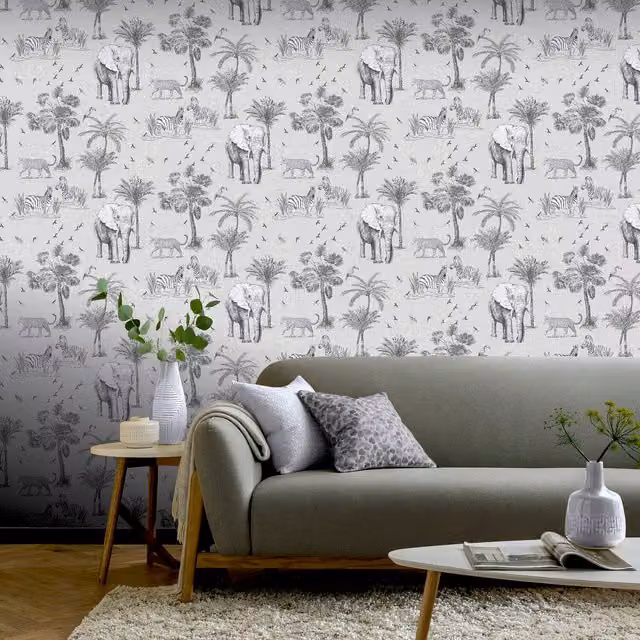 Arthouse Safari Lagoon Spongeable Wallpaper in Grey with Animal and Botanical Prints