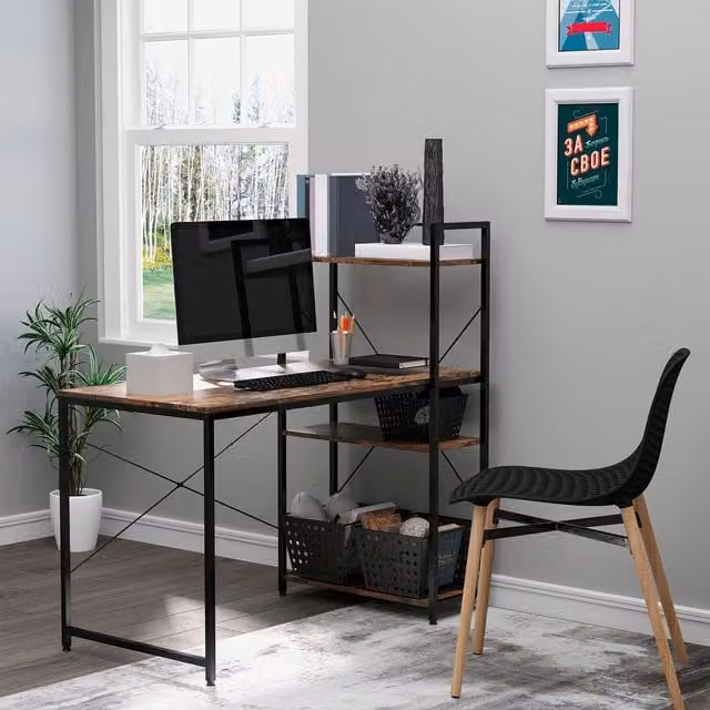 HOMCOM Modern Computer Desk and Laptop Table with 4-Tier Bookshelf and Metal Frame in Brown – 1