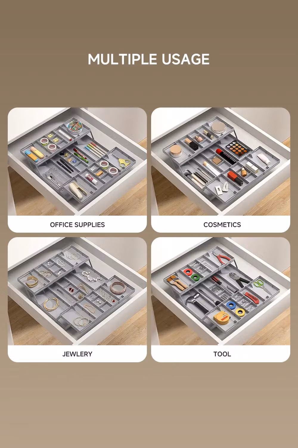 Living and Home Versatile Expandable Multi-tier Cutlery and Kitchenware Organiser Tray in Grey – 3