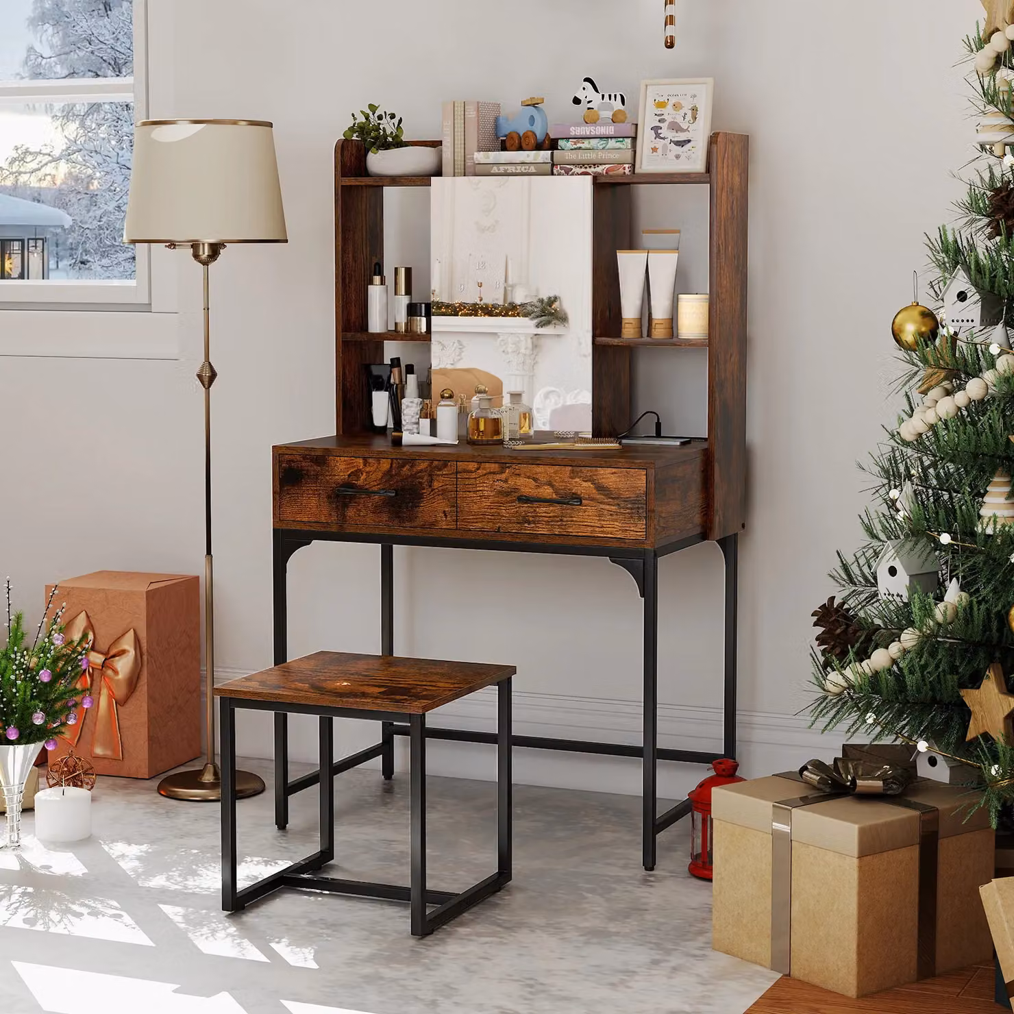 Costway Modern Wide Makeup Dressing Table with Power Outlets in Brown – 3