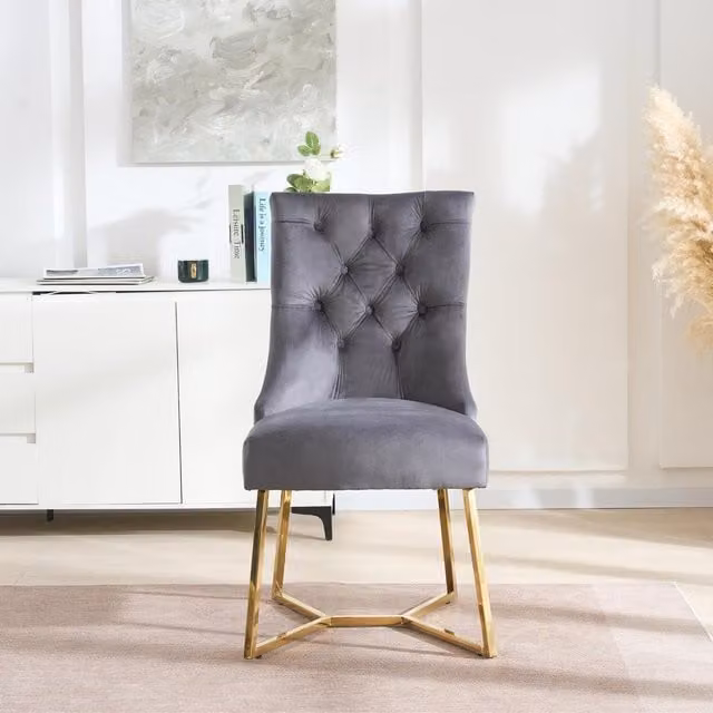 Life Interiors Ambra Modern Velvet Dining Chairs with Gold Legs and Ring Handle, Grey