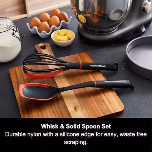 Morphy Richards Whisk and Solid Spoon Set in Black and Red, Heat Resistant Nylon and Silicone Utensils with Built-in Scraper, Herb Stripper and Measuring Spoon – 2