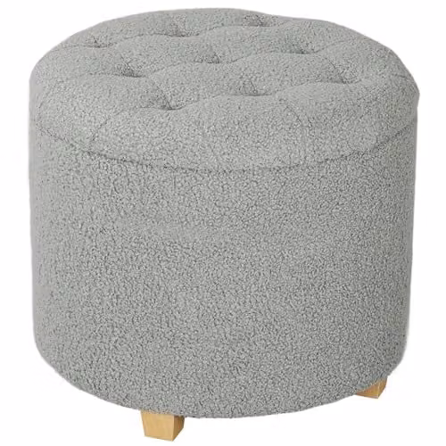 HOMCOM Round Storage Ottoman in Grey Bouclé Fabric with Wood Legs, Diameter: 45 cm – 1