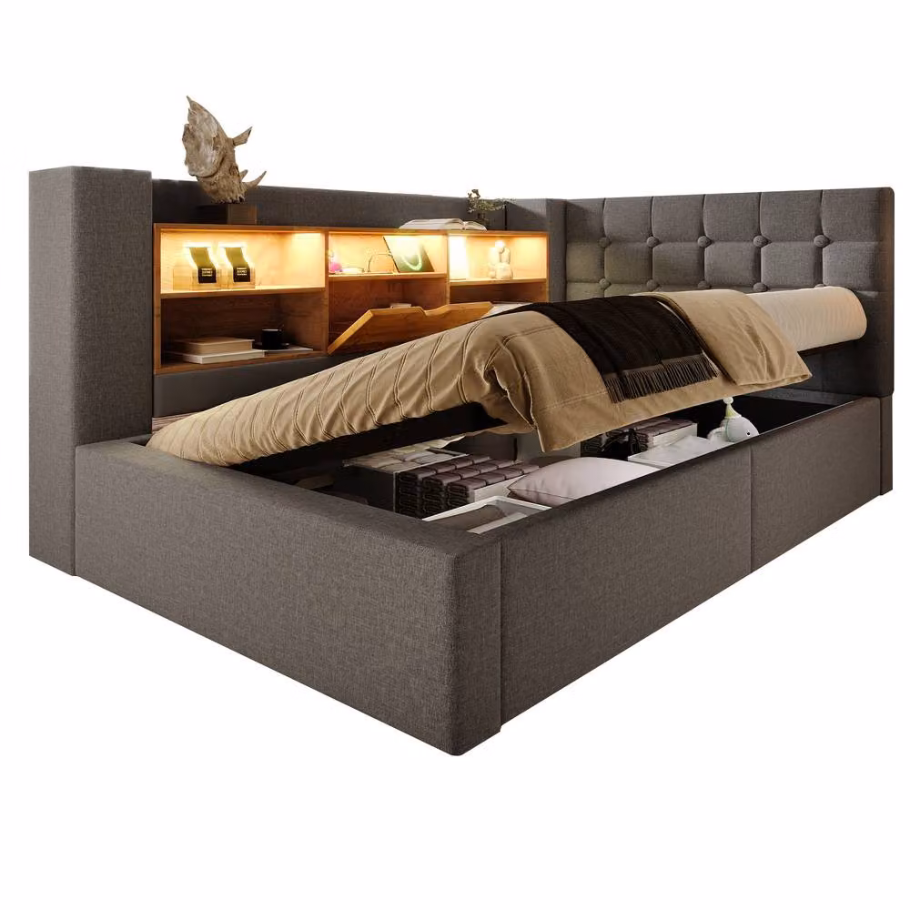 ModernLuxe Single Sofa Bed in Grey with LED Lights, Ottoman Storage and L-shape Storage Headboard – 5