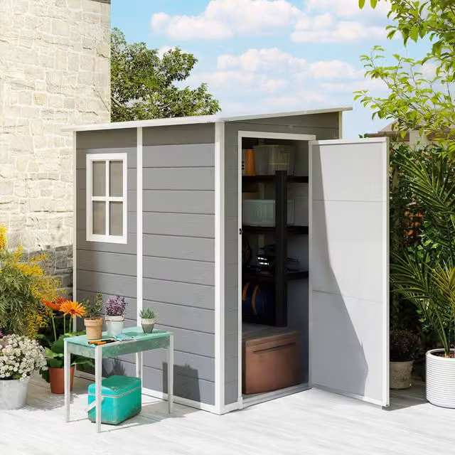 OUTSUNNY Grey Plastic and Metal Lockable Lean-to Garden Shed with Vent, W/D/H: 121.92 x 149 x 192 cm