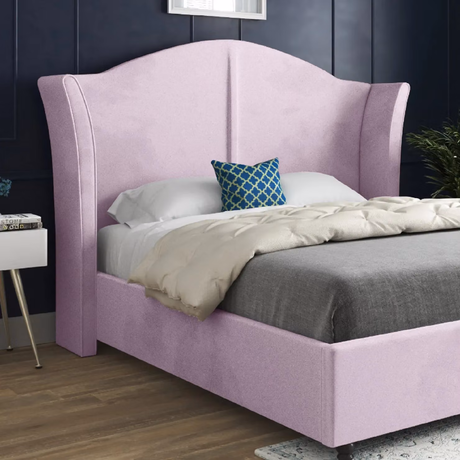 KDMD Zampa Curved Top Winged Upholstered Velvet Bed Frame in Pink, Size: Double (140 x 200 cm) – 2