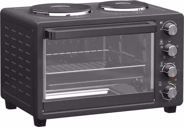 HOMCOM 28L Mini Oven with 2 Hot Plates and Grill, 2600W Countertop Toaster Oven in Black – 1