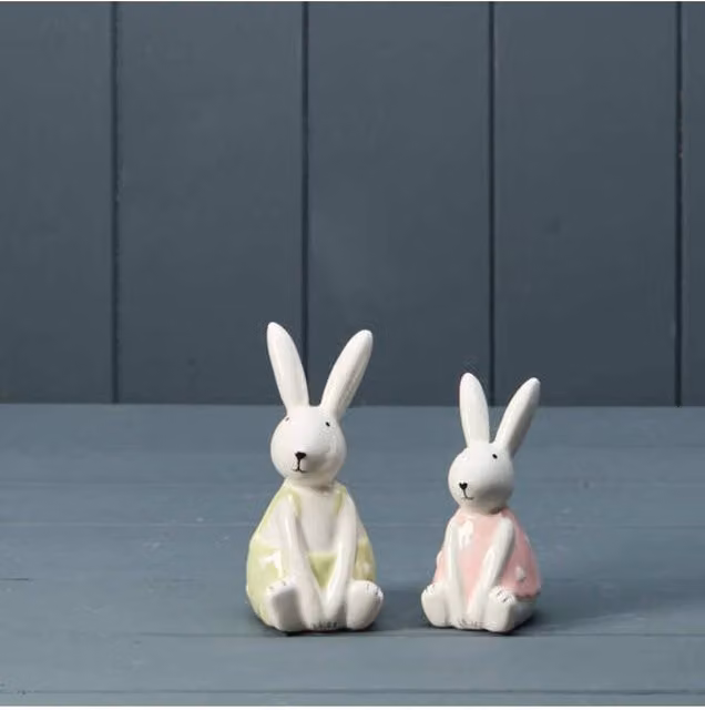 KDMD Ceramic Easter Rabbits in Pink and Green on White Tabletop Decoration
