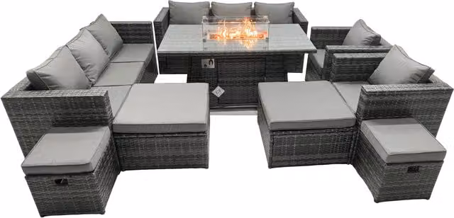 Fimous 12 Seater Rattan Garden Furniture Firepit Dining Set with Lounge Sofa, Table and 2 Footstools in Dark Grey – 1