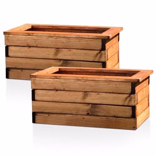 Hortico Set of 2 Brown Wooden Large Plant Pots and Garden Trough Planters, 57 cm – 1