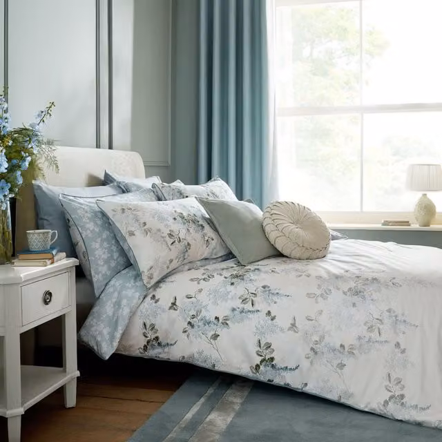 Laura Ashley Mirabelle Floral Mako Satin Cotton Duvet Cover and Pillowcase Set in Pale Seaspray
