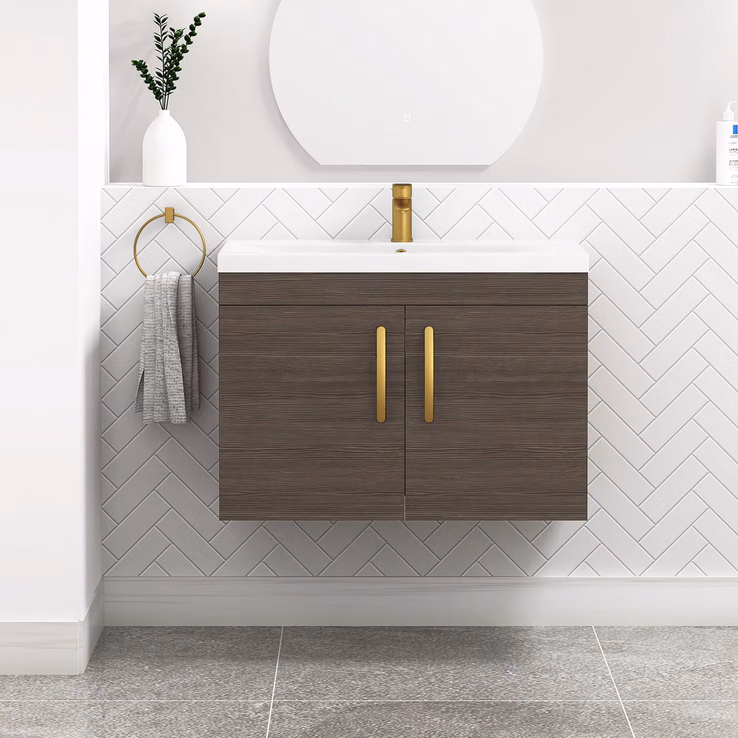 Royal Bathrooms Turin 800mm Wall Hung Vanity Sink Unit in Grey Elm with Mid-Edge Basin and Brushed Brass Handle