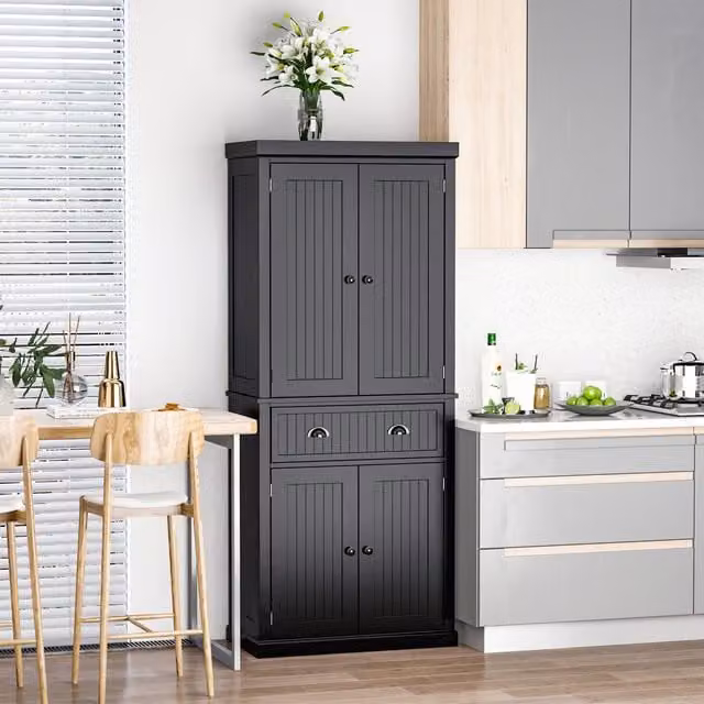 HOMCOM Black Freestanding Kitchen Storage Cabinet with Drawers and Cupboards