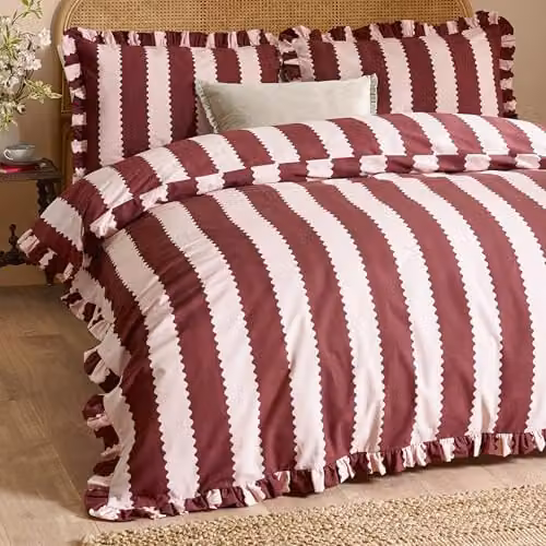 Furn Wylder Birdie Stripe Reversible Ruffle Edge Cotton Rich Pillowcase Pair in Red, W/D/H: 50 x 75 x 50 cm – 3