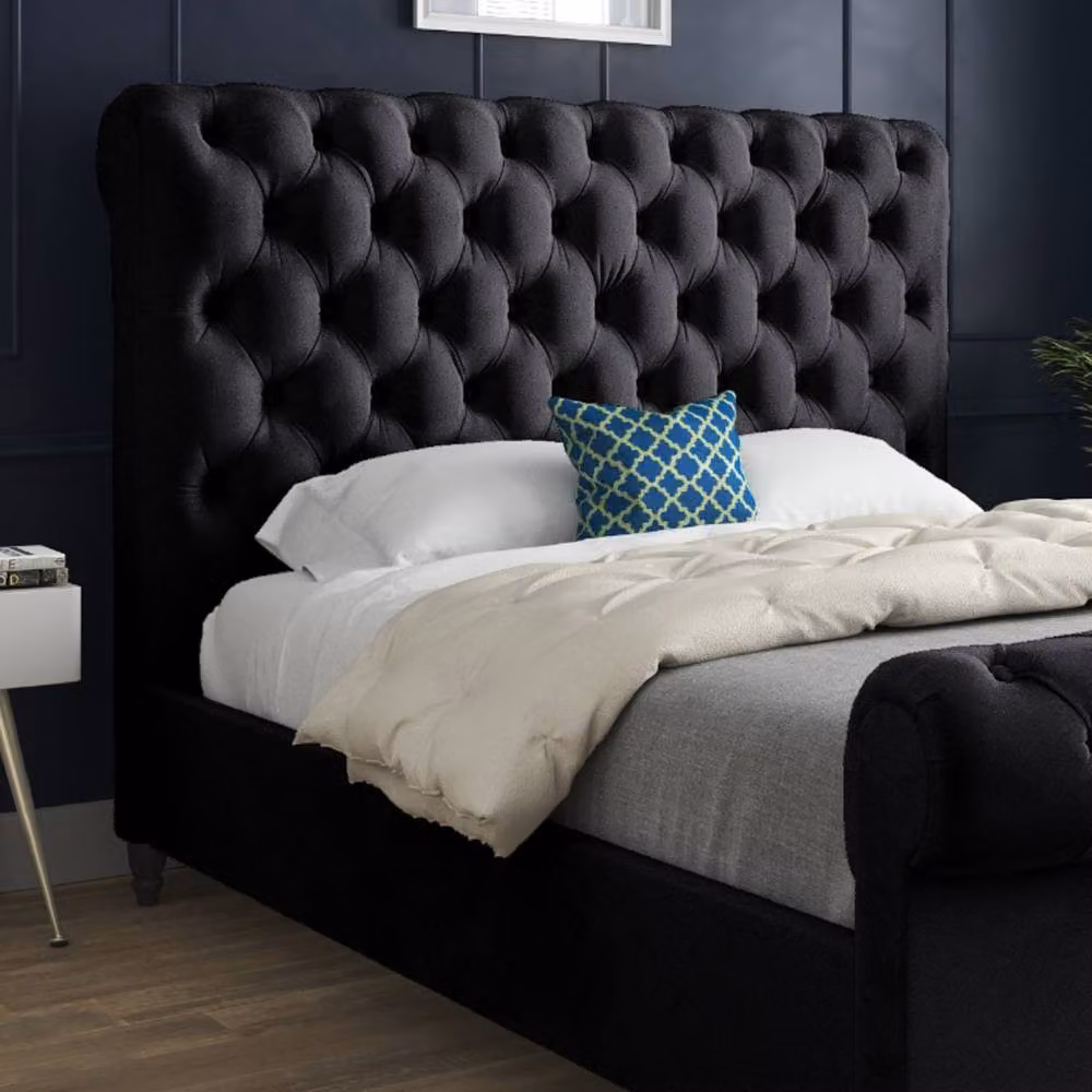 KDMD Tittleshall Sleigh Upholstered Designer Bed Frame in Black Soft Velvet, W/D/H: 120 x 128 x 119 cm – 3