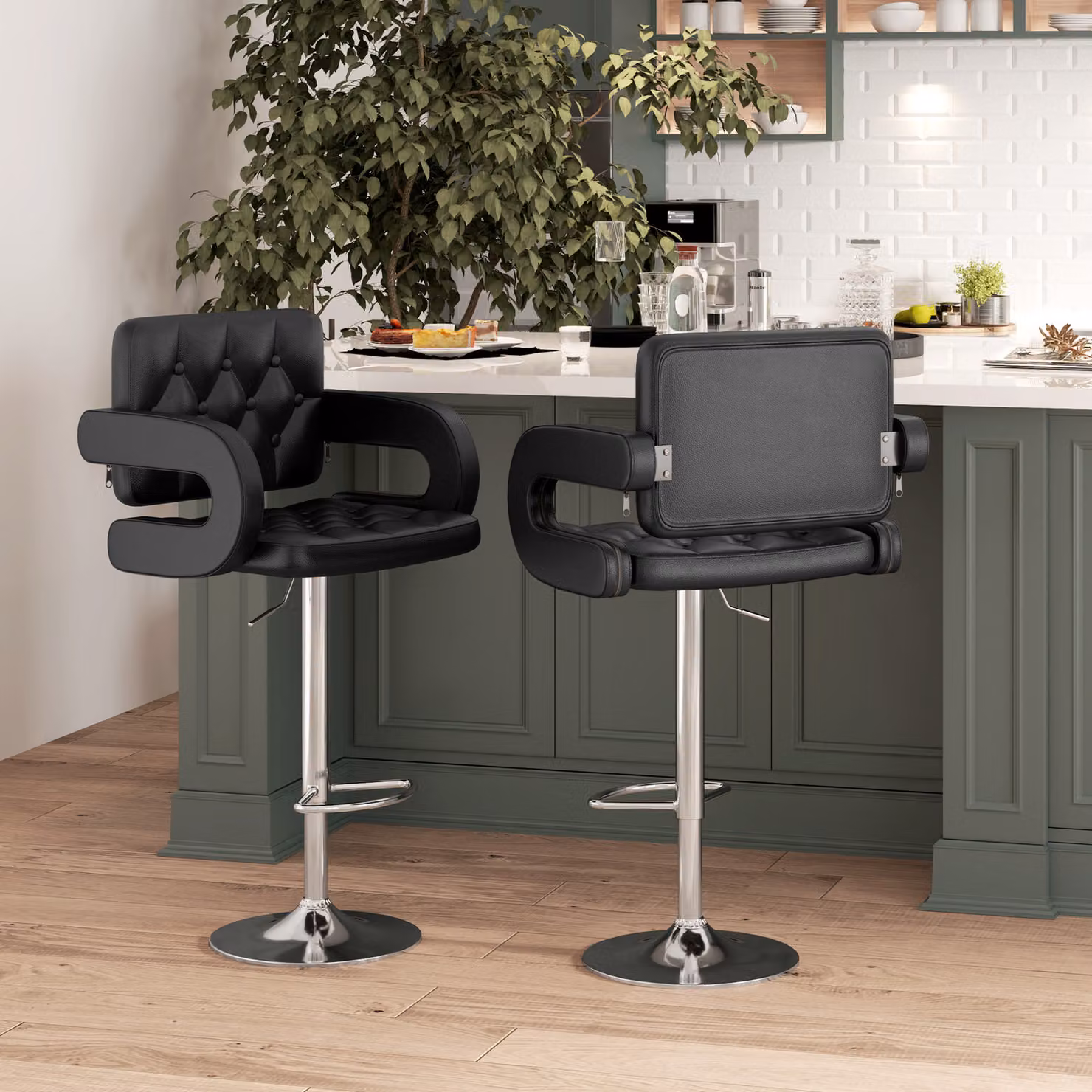 HOMCOM Set of 2 Black PU Leather Upholstered Swivel Bar Stools with Armrests and Footrests – 2
