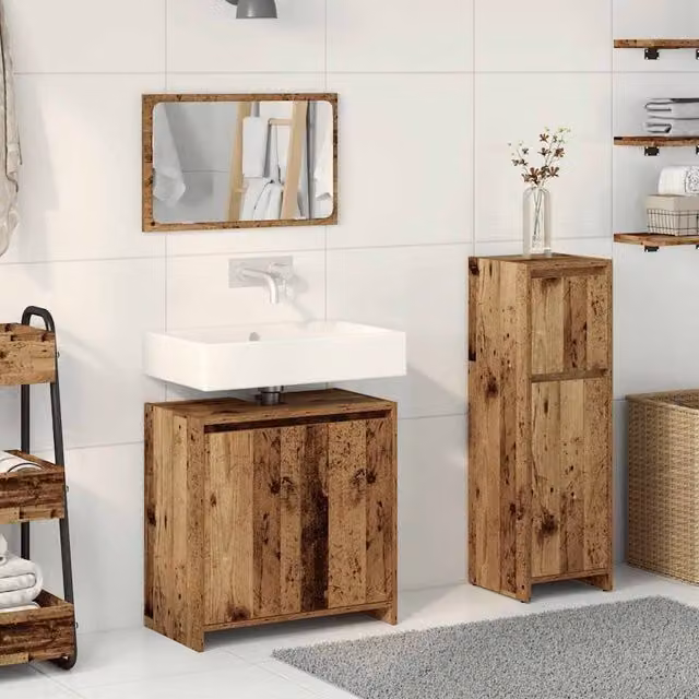 Berkfield Home 3 Piece Rustic Brown Bathroom Furniture Set including Vanity Unit, Mirror Cabinet and Tall Cabinet