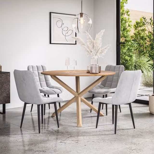 More4Homes Malvern Round Oak Effect Dining Table Set with 6 Grey Nova Velvet Chairs, W: 120 cm, H: 75 cm