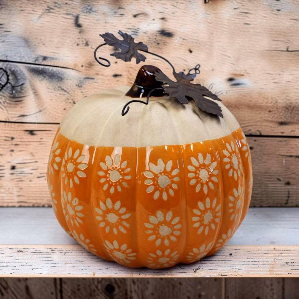 Four Candle Rustic Ceramic Pumpkin Ornament in Beige, Orange and Brown, W/D/H: 19.0 x 16.0 x 1.0 cm – 2