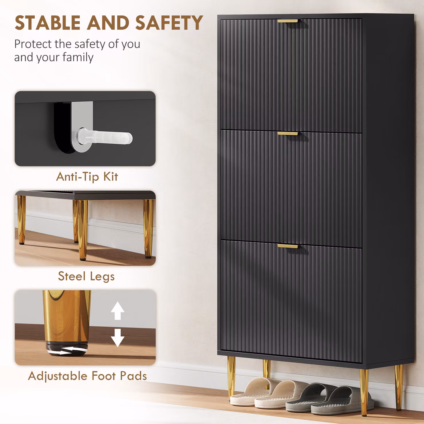 HOMCOM Modern Narrow Shoe Cabinet with 3 Tilting Compartments in Black and Gold – 5