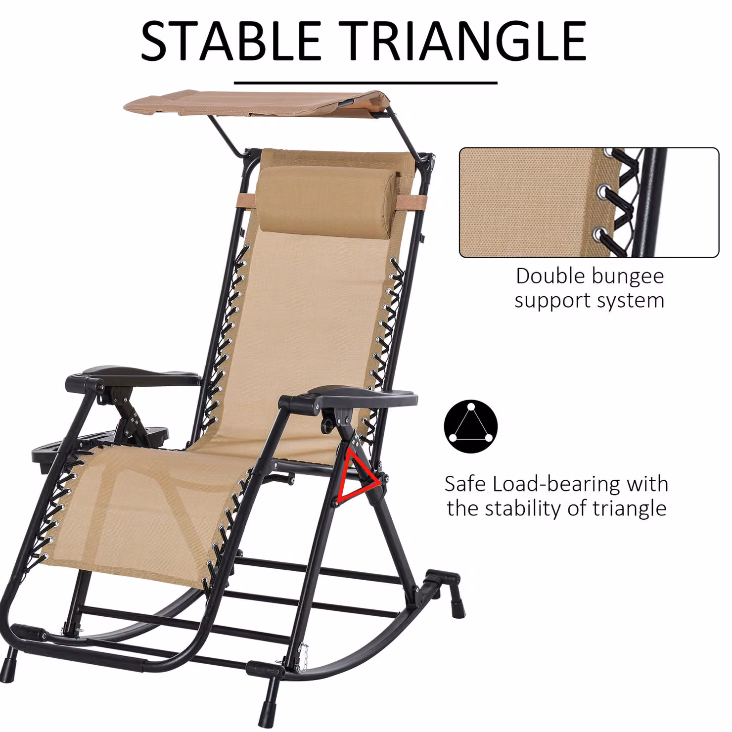 Outsunny Beige Garden Rocking Chair Folding Recliner with Adjustable Headrest and Side Holder – 4