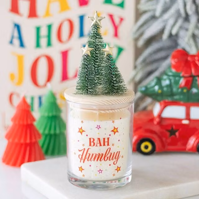Uniqueful Bah Humbug Orange and Clove Glass Pillar Candle with Tree, Multicolour