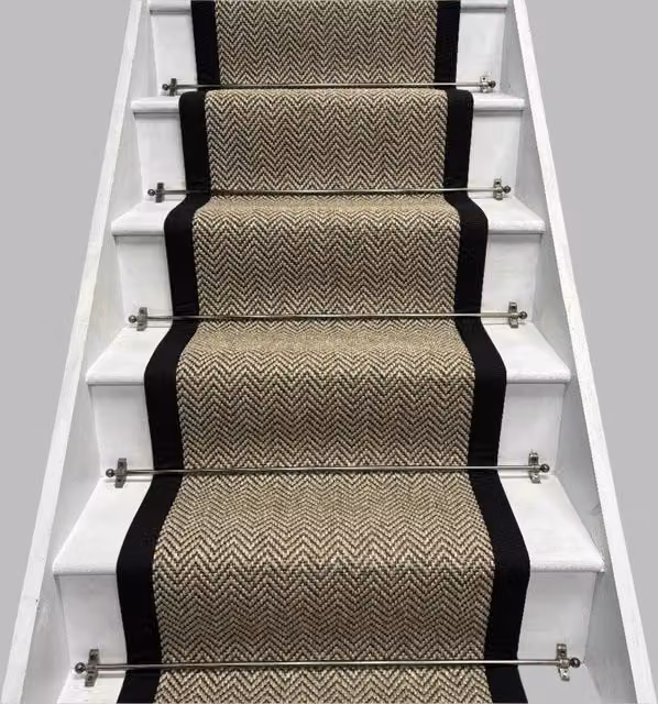 RainbowHome Herringbone Java Beige Stair Runner with Black Cotton Border, W: 65 cm x L: 600 cm