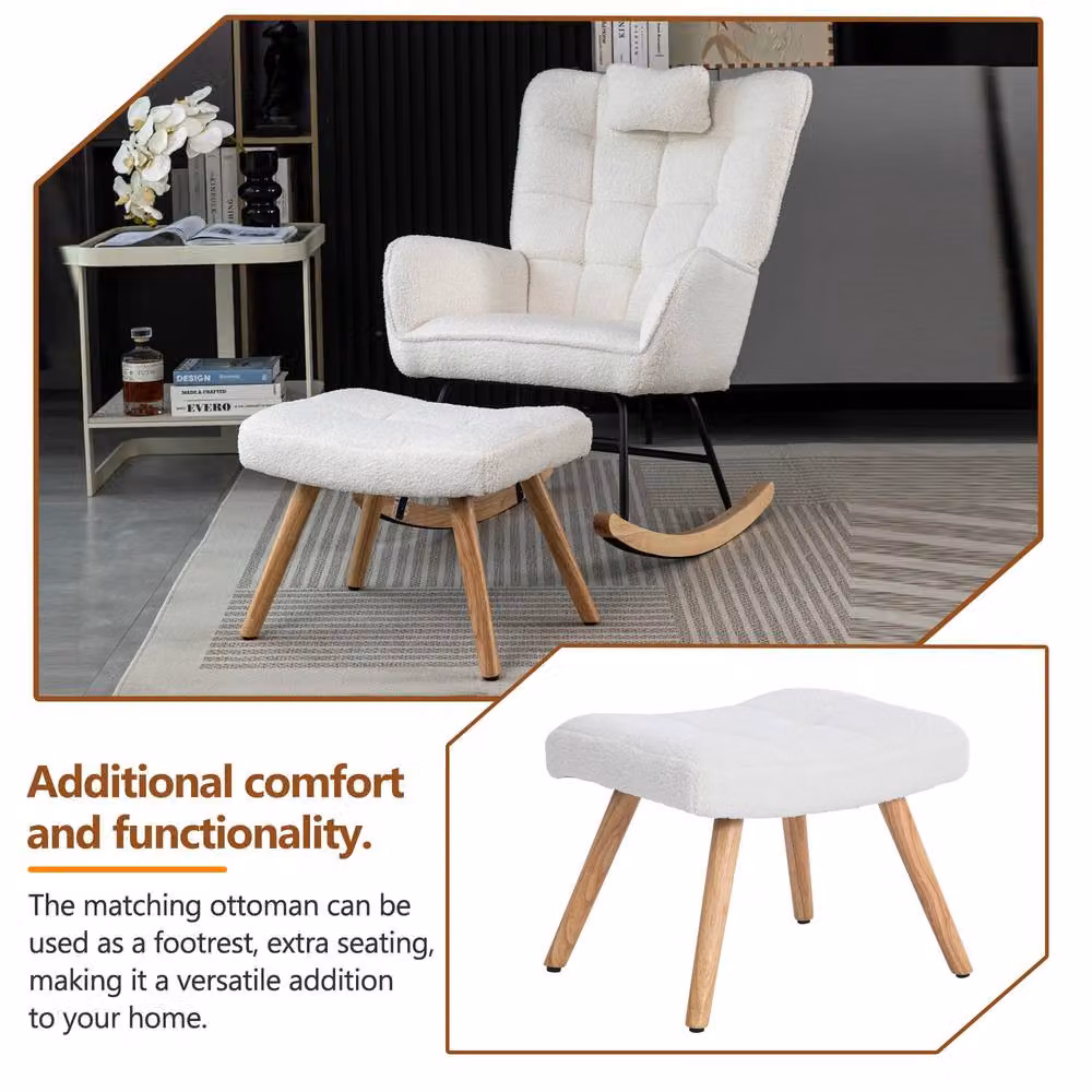 Matteo White Fabric Rocking Chair with Ottoman and Neck Pillow – 4