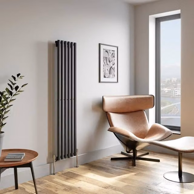 Temprazo Horizontal Oval Tube Double Panel Designer Radiator in Anthracite Grey, H 144 cm x W 60 cm x D 5.5 cm