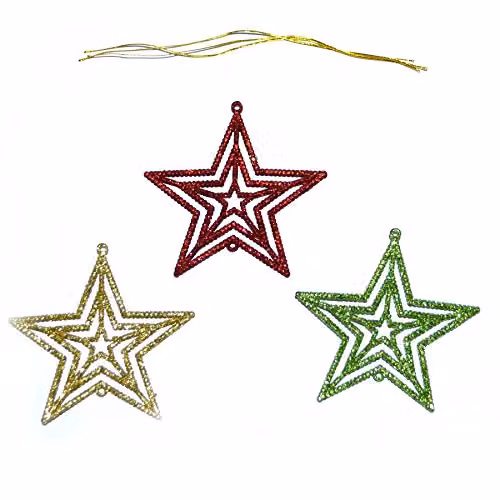 Shatchi 3-Piece Glitter Star Hanging Christmas Tree Ornaments in Red, Green, Gold and Multicolour