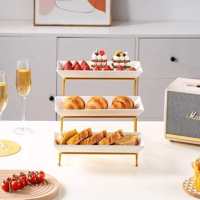 Nordara 3 Tier Rectangular Serving Platter for Dessert and Cake Display, White