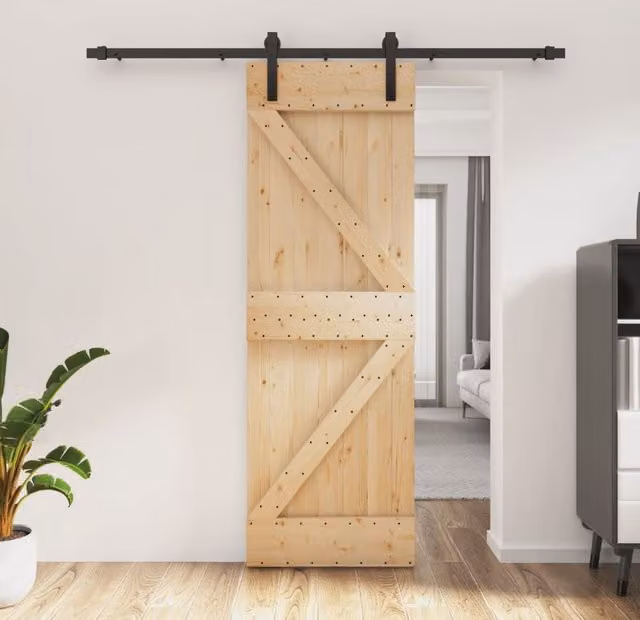 Berkfield Home Modern Sliding Door with Hardware Set, Solid Wood and Steel, Brown, W: 70 cm, H: 210 cm