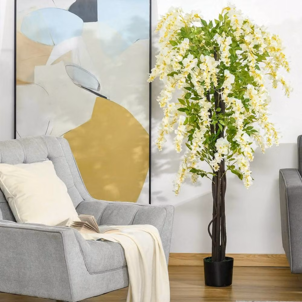NESTLUNE Artificial White Wisteria Tree with Green Foliage, Height: 100 cm, Width: 15 cm, Depth: 15 cm – 2