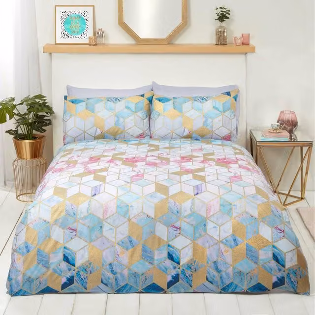 Rapport Home Quartz Geometric Polycotton Duvet Set and Pillowcase in Multicolour and Gold, Single, 90 x 200 cm