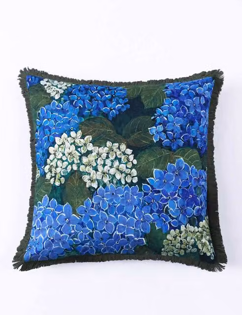 MM Linen Matilda Fringed Square Floral Cushion in Green and Blue Cotton Linen Blend