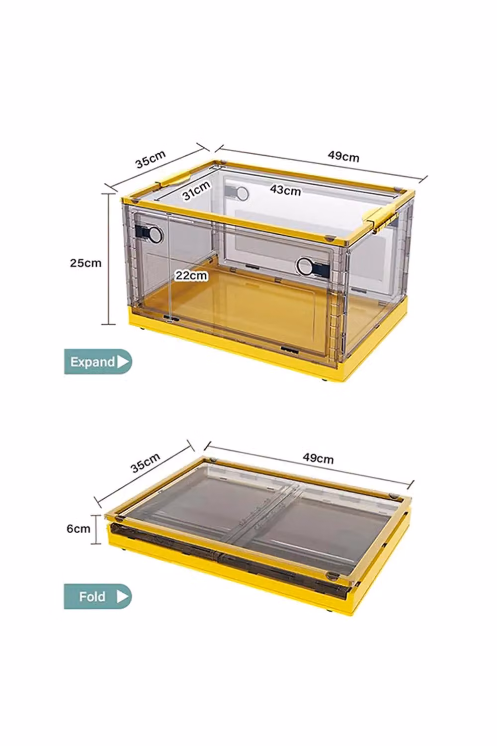 Living and Home 3-Piece Set of Large Collapsible Stackable Clear Plastic Storage Boxes with Wheels and Lids in Yellow – 2