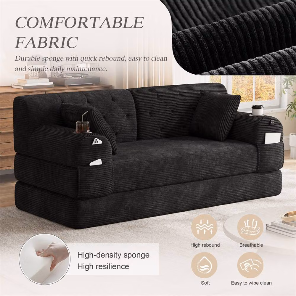 Direct Wicker 2-Seater Corduroy Upholstered Sofa Bed with Cup Holders in Black – 4