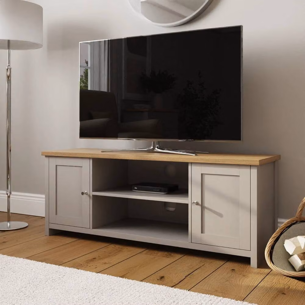 FORGEVIO Large Modern Grey Wood TV Media Stand and Storage Sideboard with Display Shelves – 4