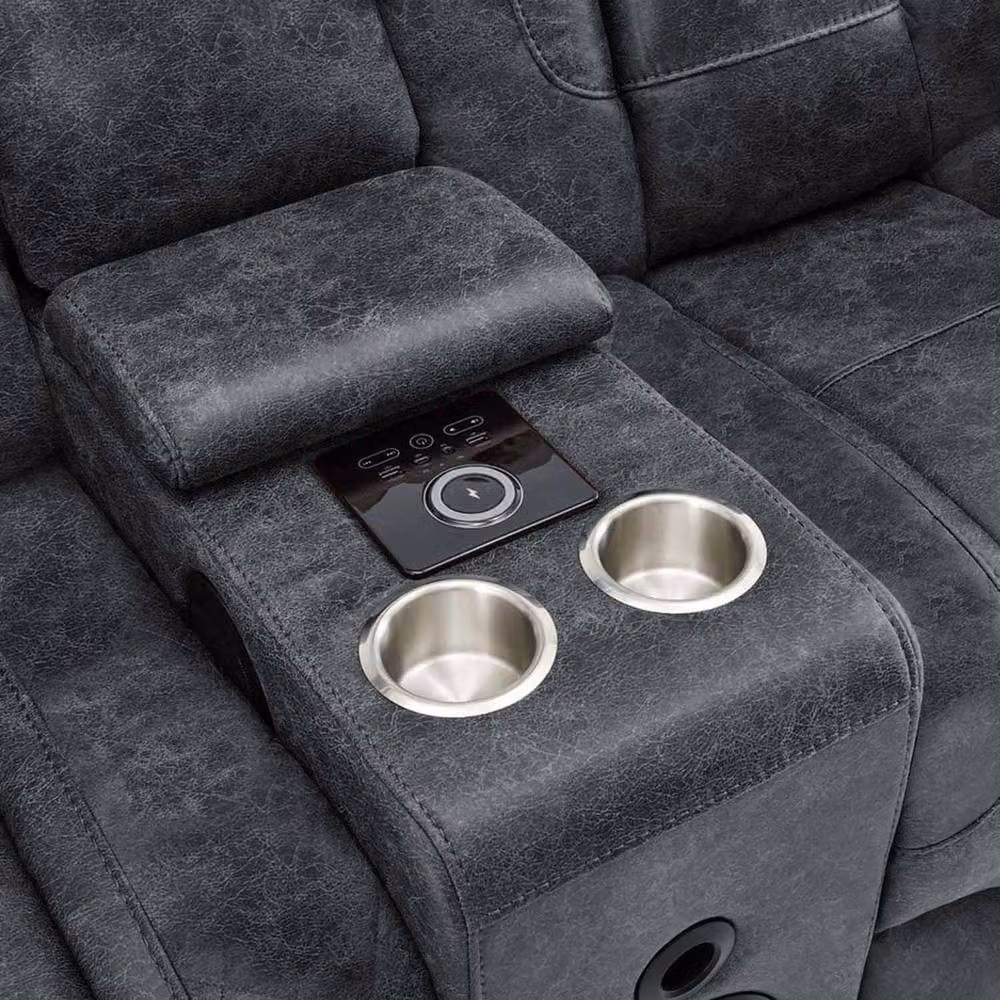 Furnishings For Less UK Juniper 2 Seater Electric Fabric Recliner with USB Charging and Cup Holders, Grey, W/D/H: 190 x 105 x 102 cm – 4