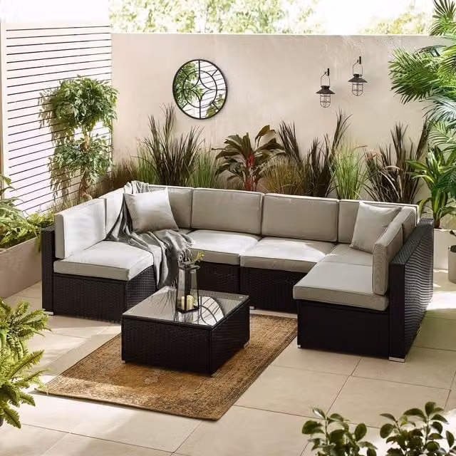 FurnitureboxUK Orlando 6 Seat Modular L Shape Corner Garden Sofa in Black and Grey with Rattan Finish and Upholstered Cushions
