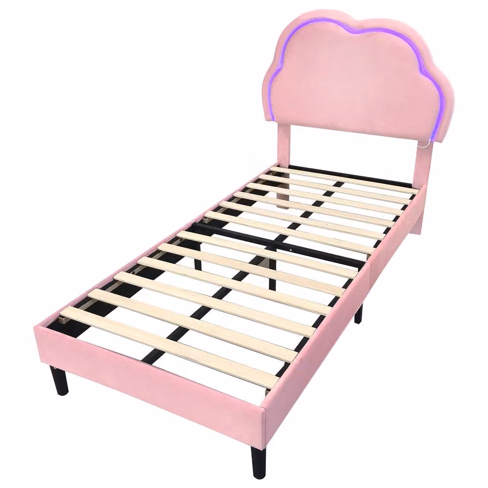 BTM Single Upholstered Velvet Bed Frame with LED Adjustable Headboard and Under-bed Lighting, Pink, W/D/H: 90 x 190 x 113 cm – 5