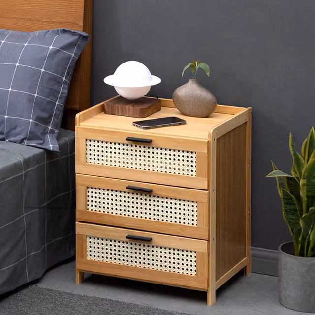 Komore Brown Wooden 3-Drawer Bedside Table with Geometric Scandinavian Design