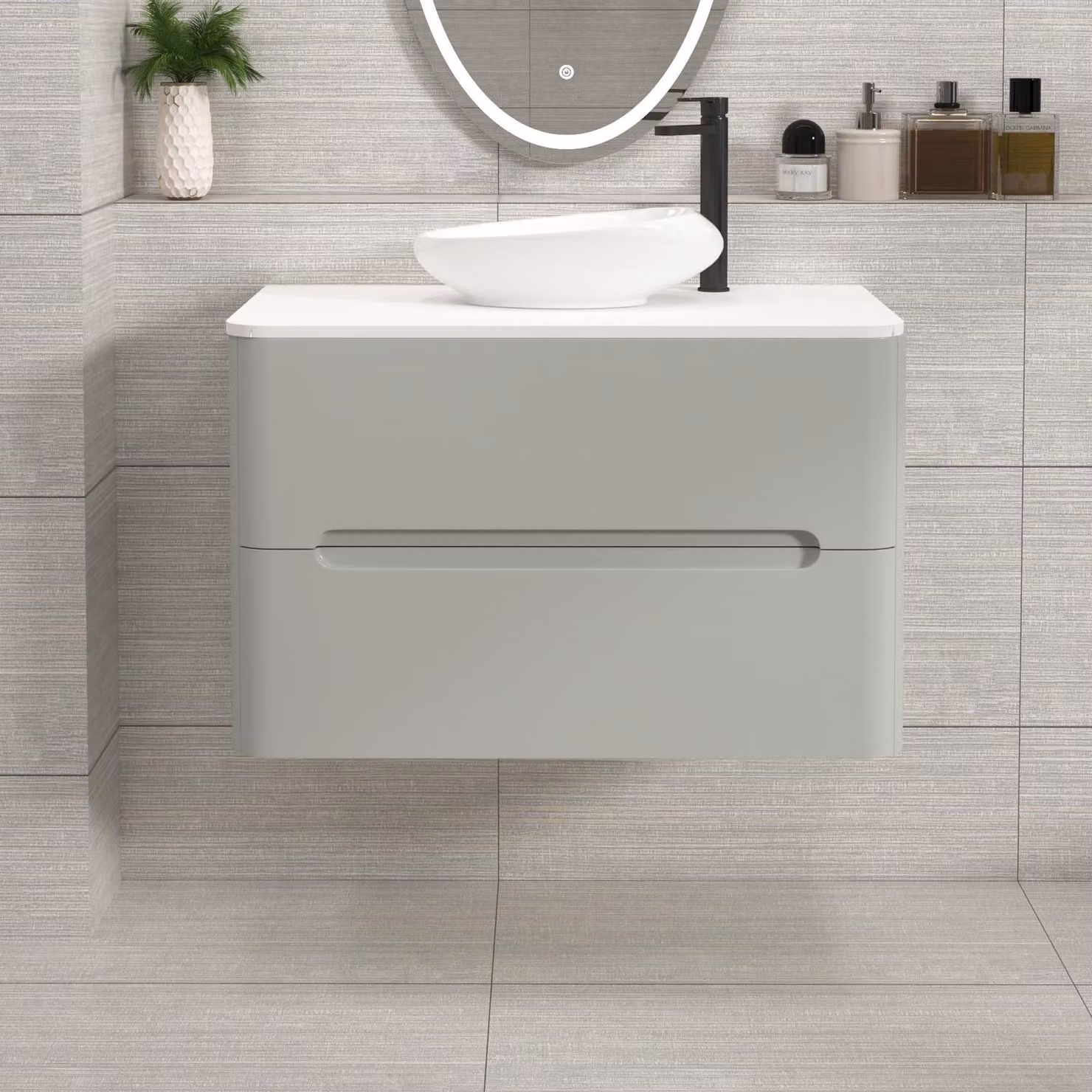 Royal Bathrooms Venice 800mm Wall Hung Vanity Unit in Dove Grey with 2 Drawers, Plain White Worktop and Nova Basin