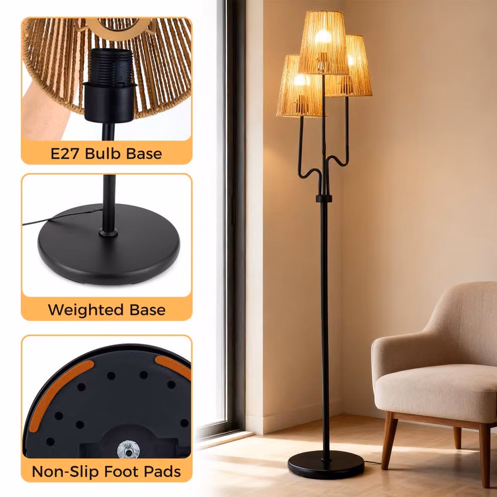 Gymax Farmhouse Tree Floor Lamp with 3 Boho Paper Woven Lampshades, Black – 8